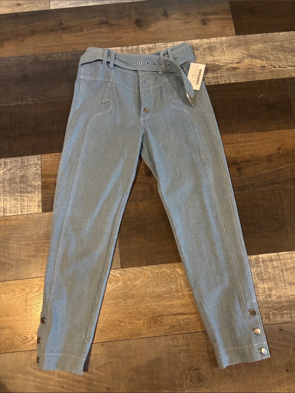 For Love And Lemons Light Blue High-Waist Tapered Jeans with Belt